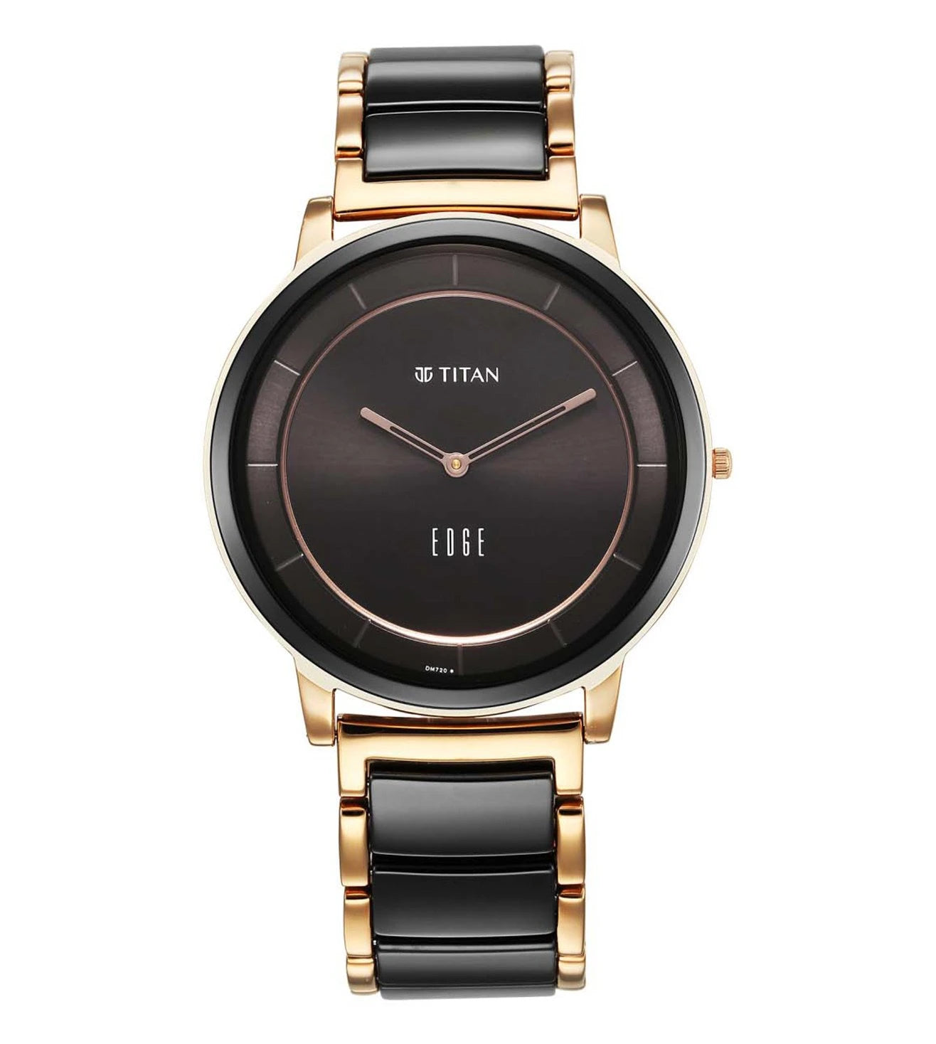 A TITAN Edge Fusion analog watch for men with a black dial, rose gold case, and black ceramic and steel strap.