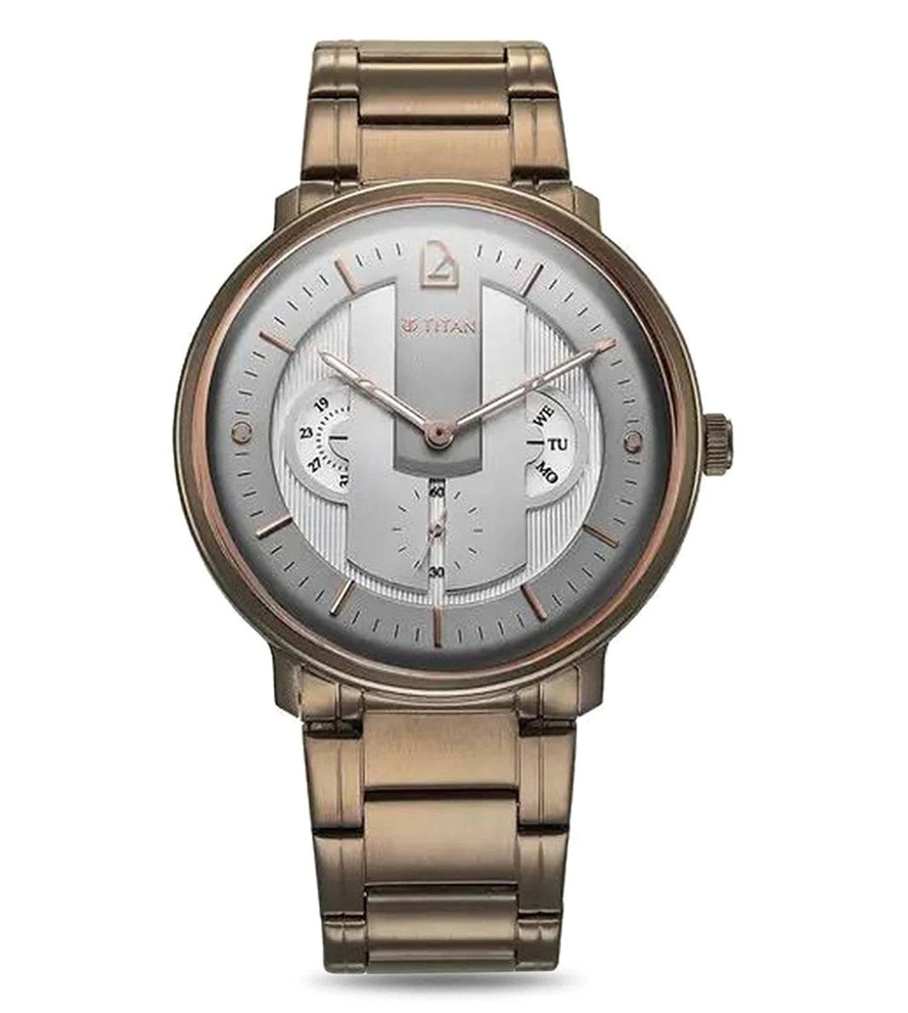 A TITAN Quartet Analog Watch for Men with a grey dial, brown stainless steel bracelet, and a mineral glass cover.