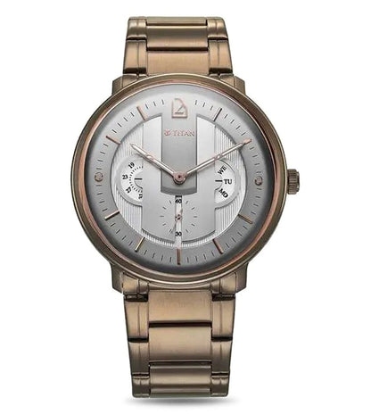 A TITAN Quartet Analog Watch for Men with a grey dial, brown stainless steel bracelet, and a mineral glass cover.