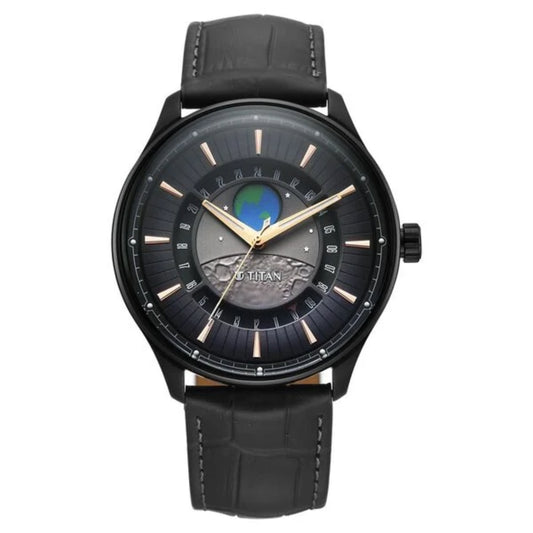 Black wristwatch with detailed face on a white background