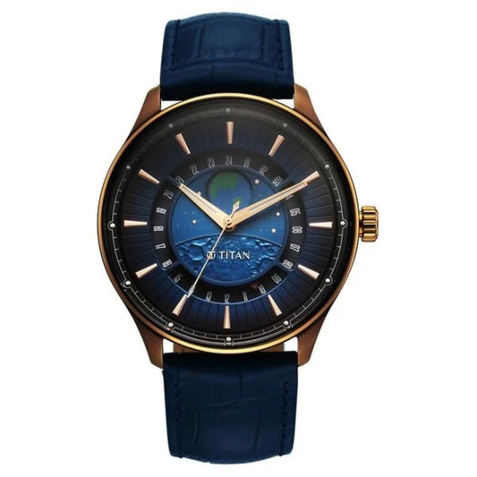 Titan watch with blue strap and blue face on a white background