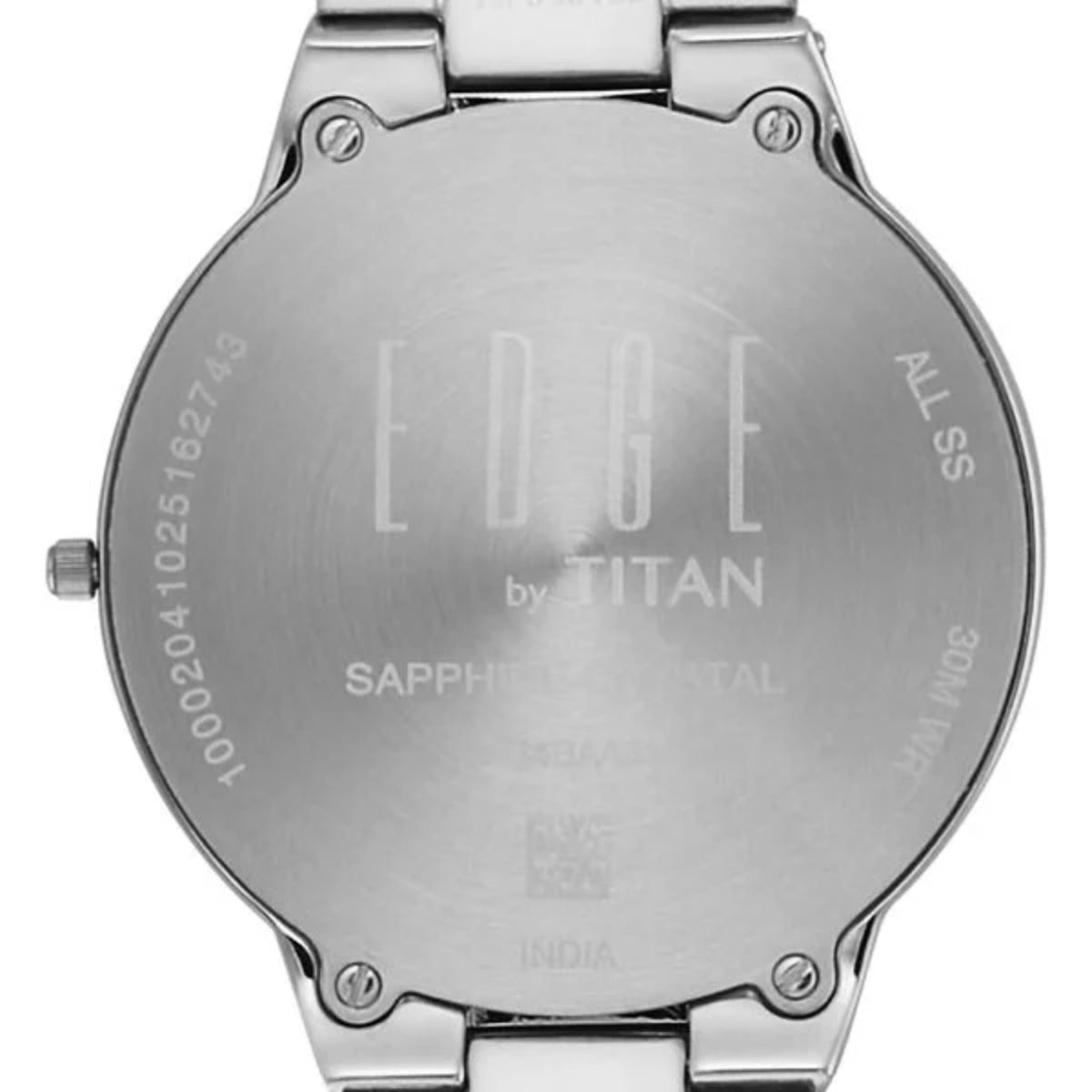 Silver watch with 'EDGE by Titan' branding on a white background