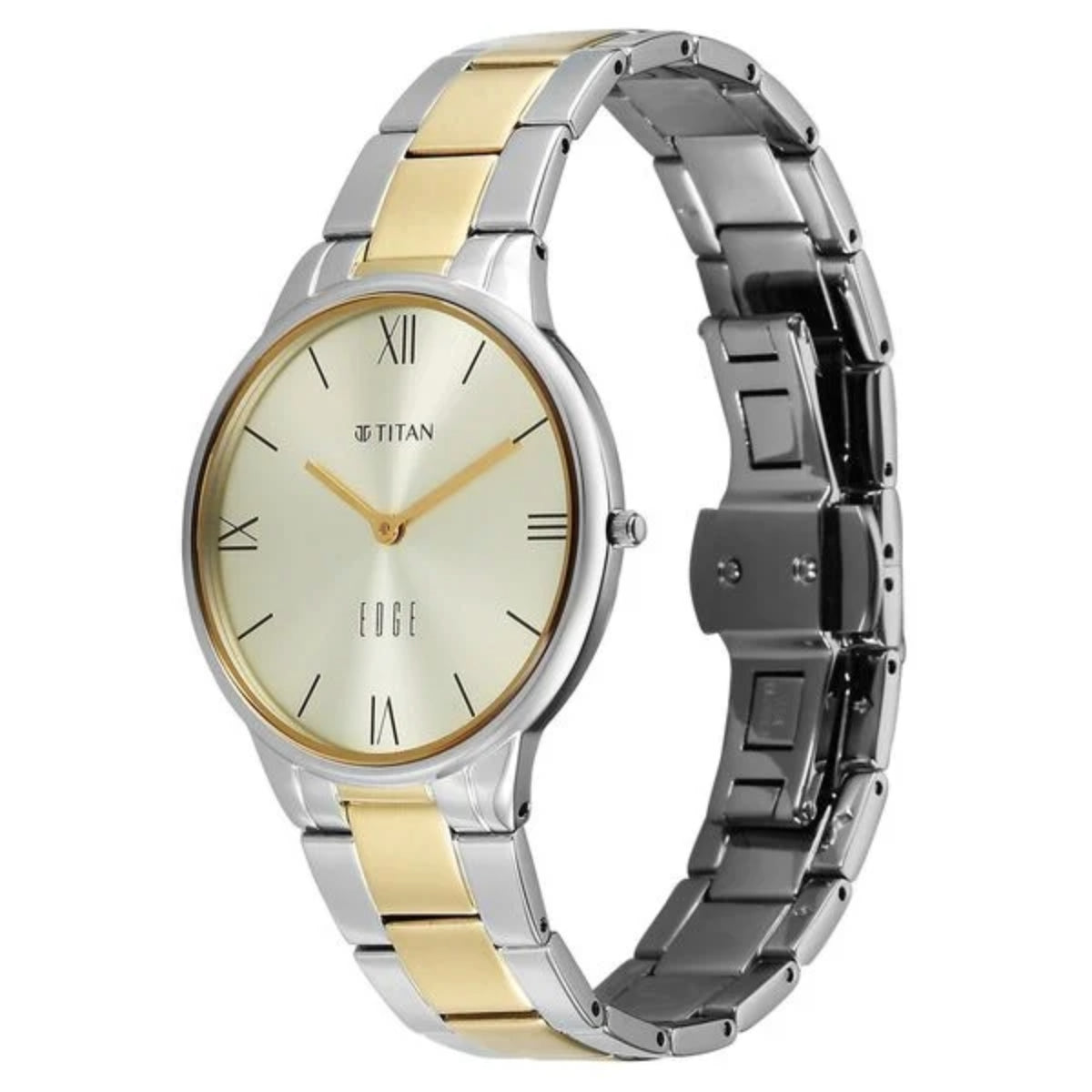 Two-tone Titan watch with gold and silver band on a white background
