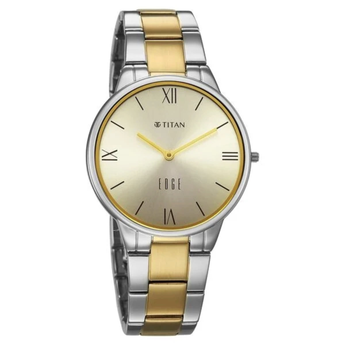 Titan watch with two-tone gold and silver strap on a white background