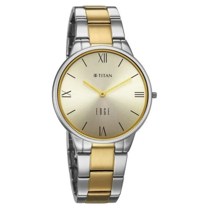 Titan watch with two-tone gold and silver strap on a white background