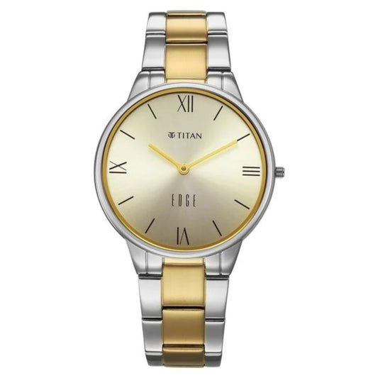 Titan watch with two-tone gold and silver strap on a white background