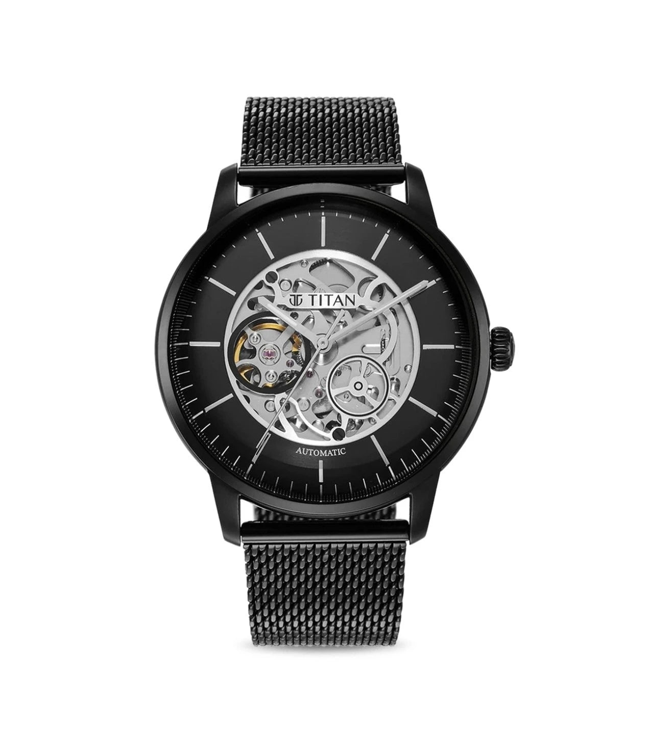 A black TITAN mechanical analog watch for men with a stainless steel bracelet and a black round dial.