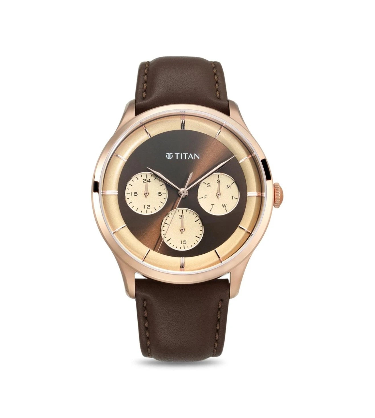 A TITAN analog watch for men with a brown round dial and a brown genuine leather strap, featuring stick hour markings and a crown for time adjustment.