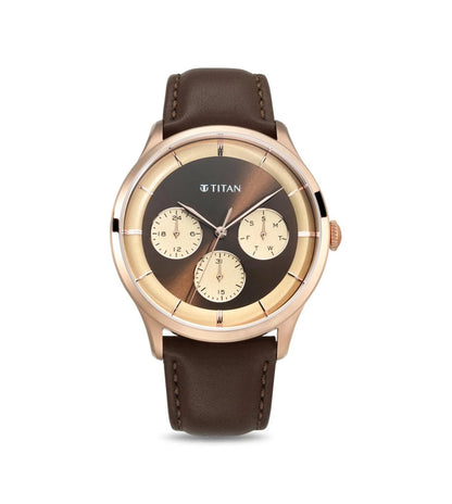 A TITAN analog watch for men with a brown round dial and a brown genuine leather strap, featuring stick hour markings and a crown for time adjustment.