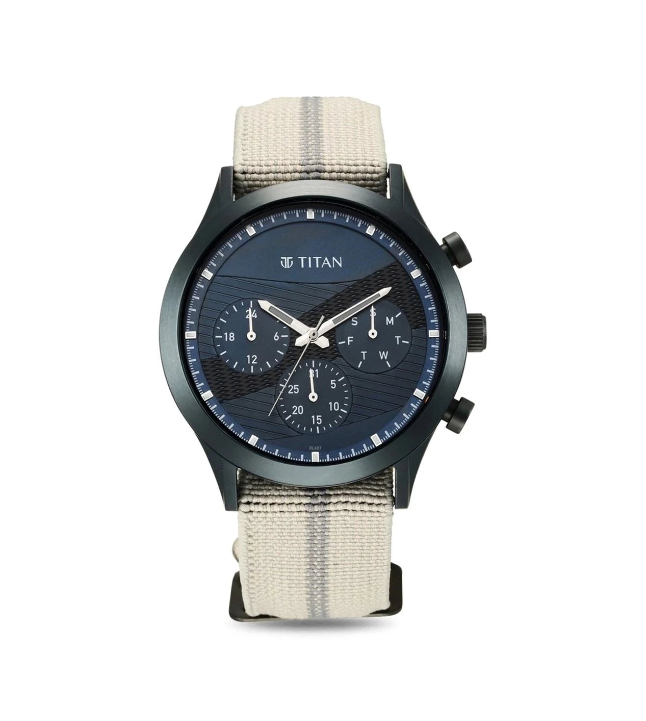 TITAN Athleisure analog watch for men with a navy blue dial and a grey fabric strap.