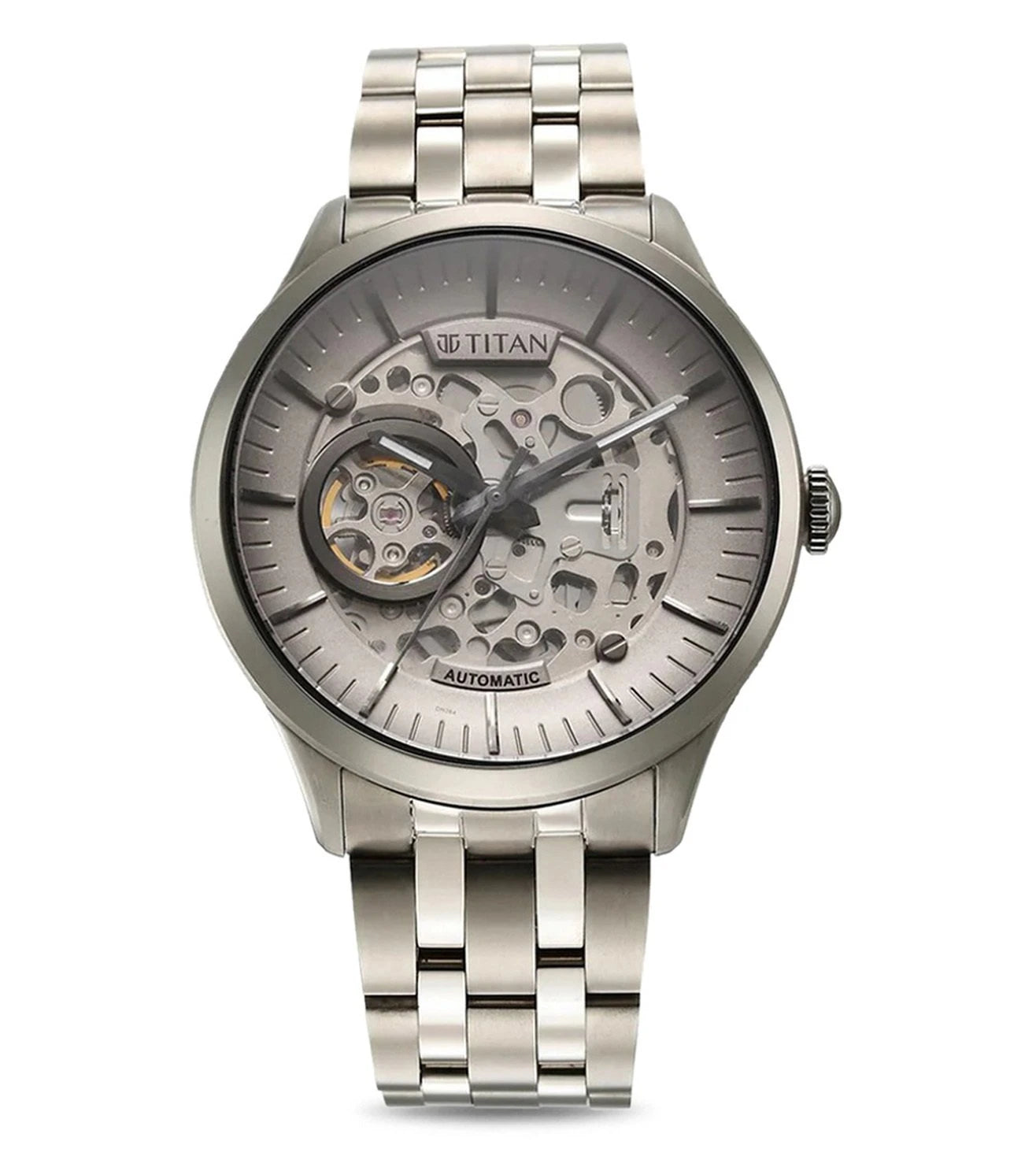 A TITAN Metal Mechanicals analog watch for men with a grey dial and a two-tone stainless steel bracelet.