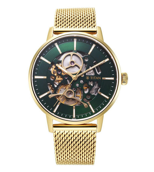 A TITAN Classique analog watch for men with a green dial and rose gold stainless steel strap.