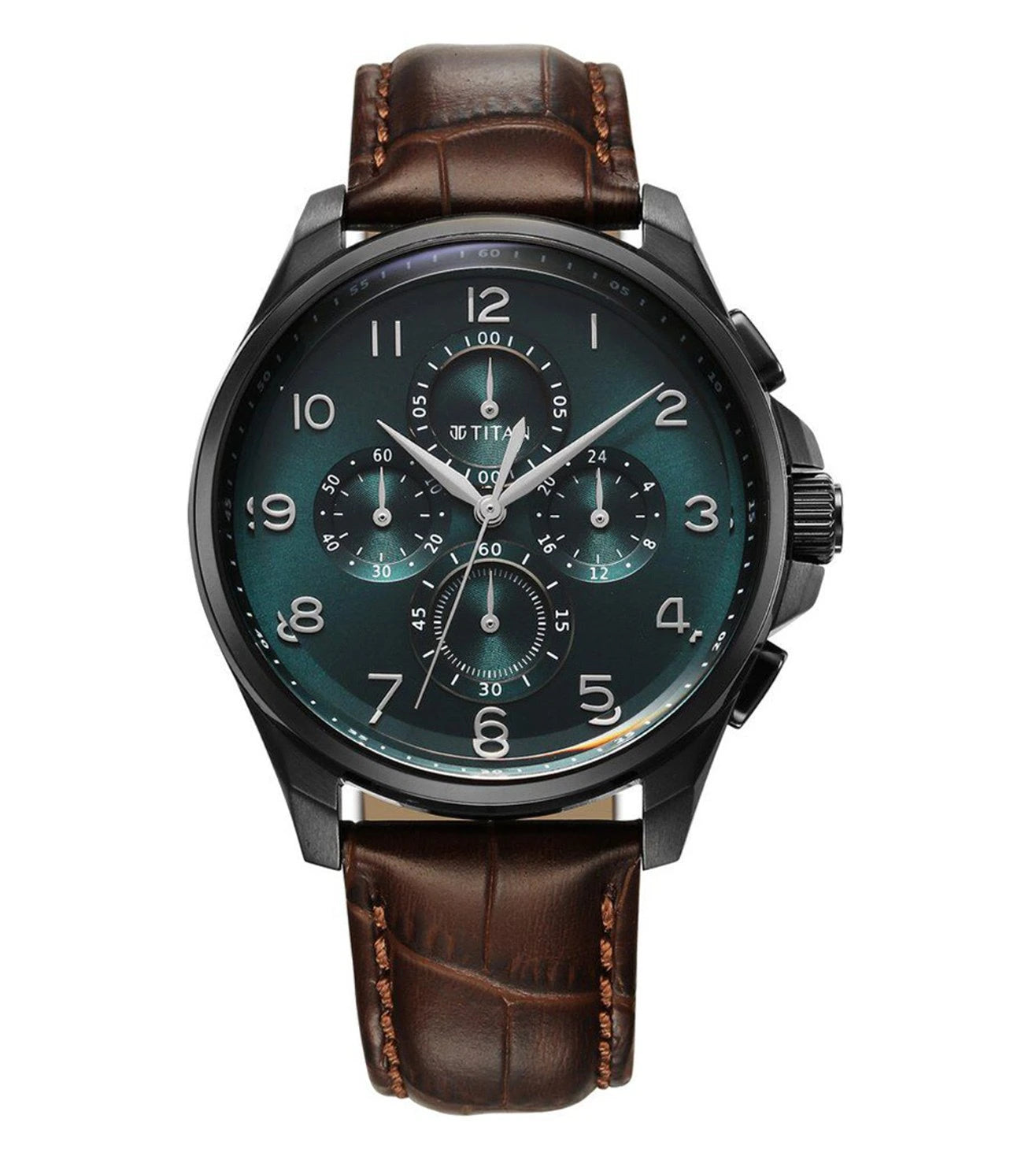 A TITAN Classique Chronograph watch for men with a green dial, stainless steel case, and a brown leather strap.
