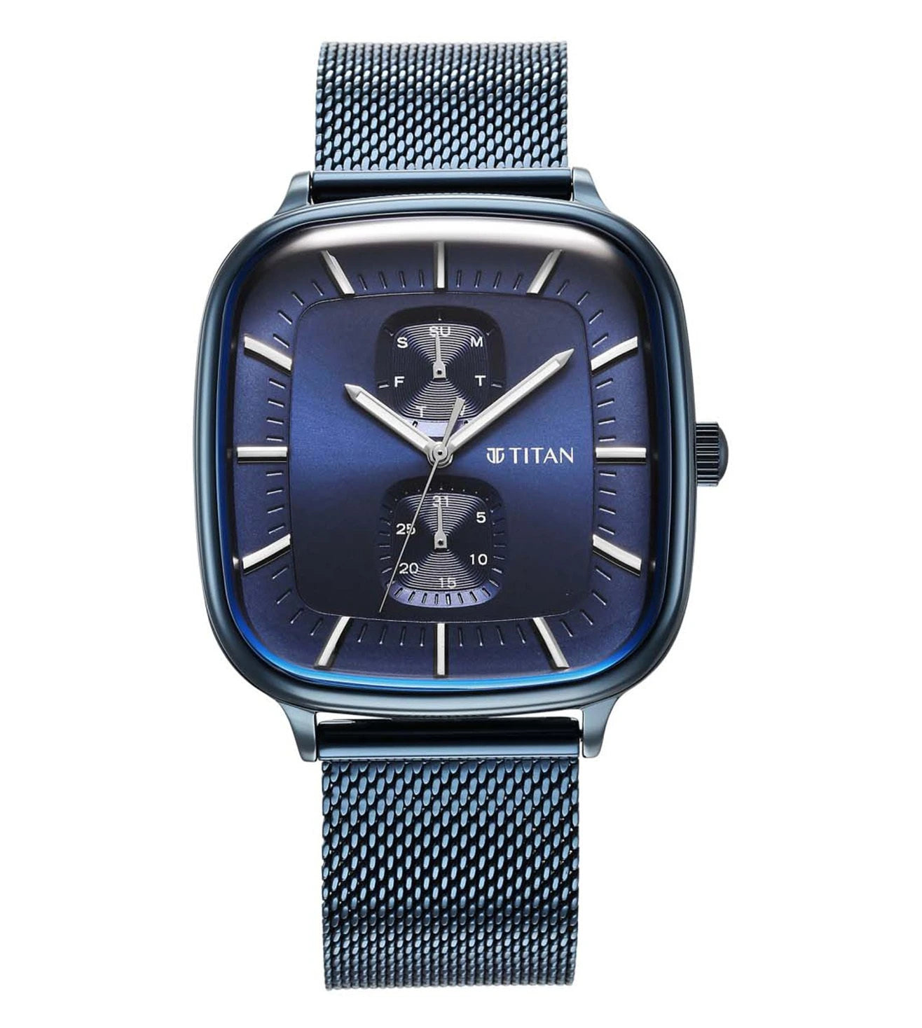 A TITAN Avant Garde II analog watch for men with a blue dial and stainless steel strap.