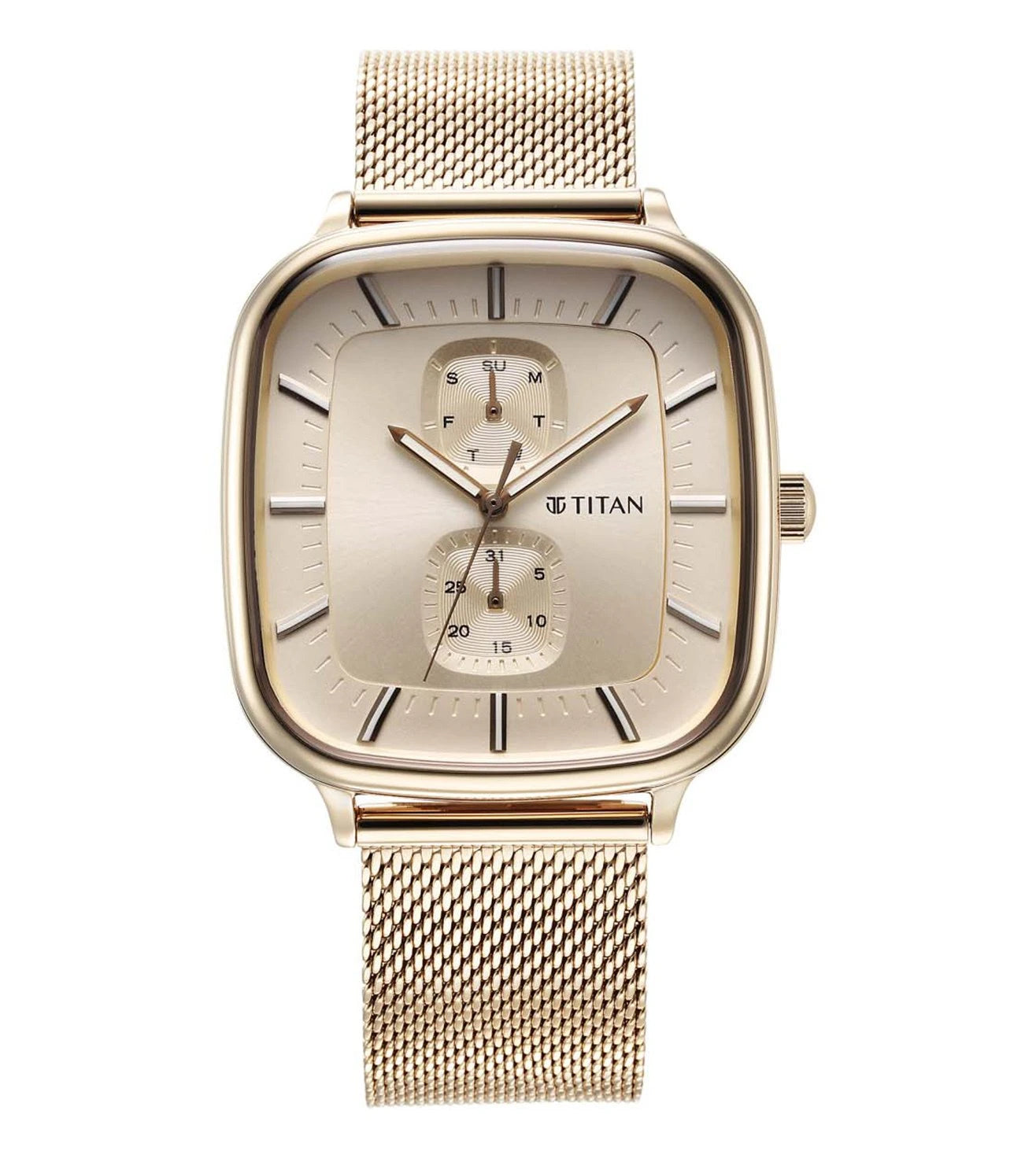 A TITAN Avant Garde II analog watch for men with a gold-colored metal band and case, featuring a beige dial.