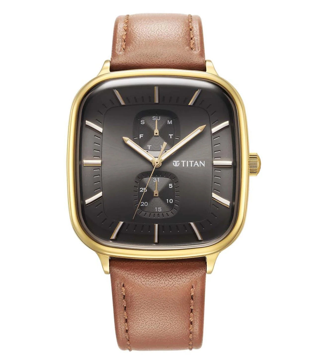 A TITAN Avant Garde II analog watch for men with a square case, quartz movement, and a leather strap.