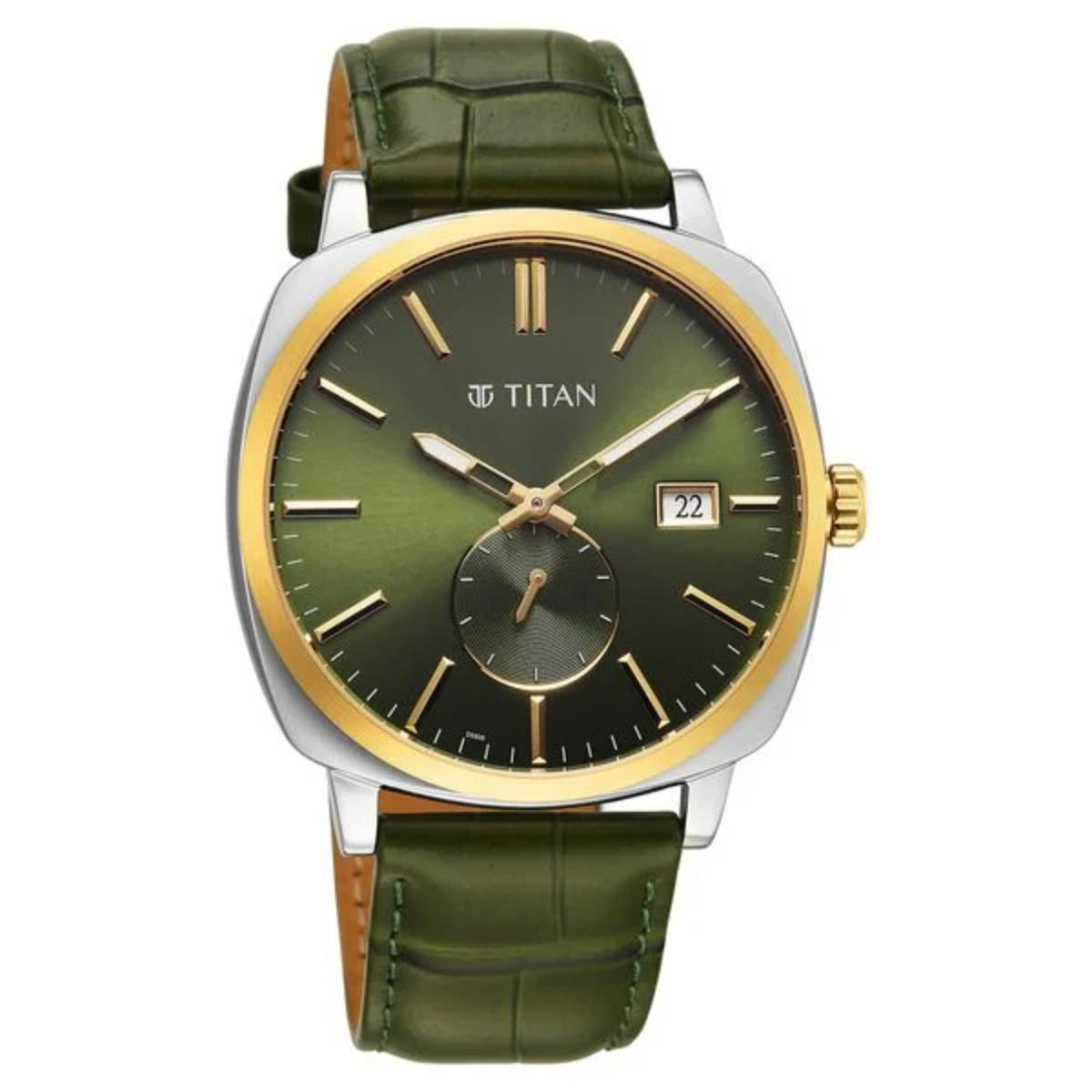 Titan watch with green strap and face on a white background