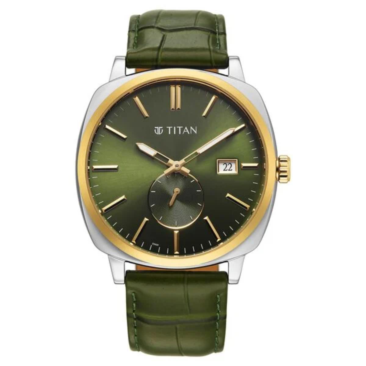 Titan watch with green strap and green dial on a white background