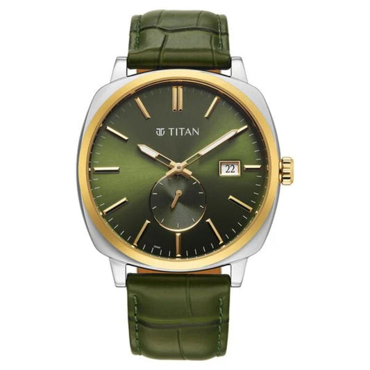 Titan watch with green strap and green dial on a white background