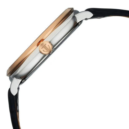 Close-up of a watch with a rose gold and silver design on a white background