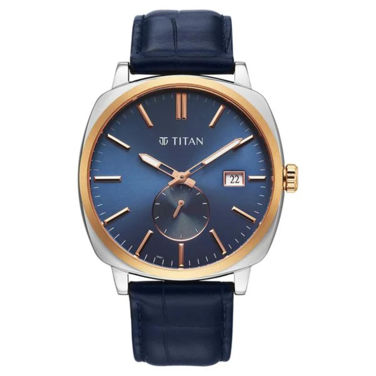 Titan watch with blue strap and blue dial on a white background
