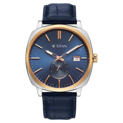 Titan watch with blue strap and blue dial on a white background