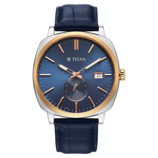 Titan watch with blue strap and blue dial on a white background