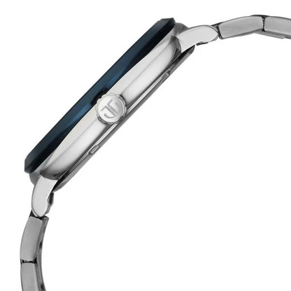 Close-up of a silver watch with a blue face on a white background