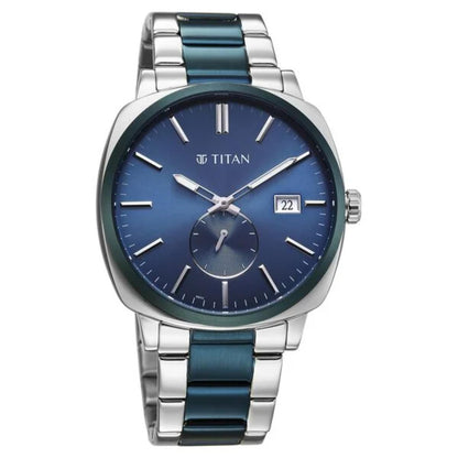 Titan watch with blue and silver design on a white background