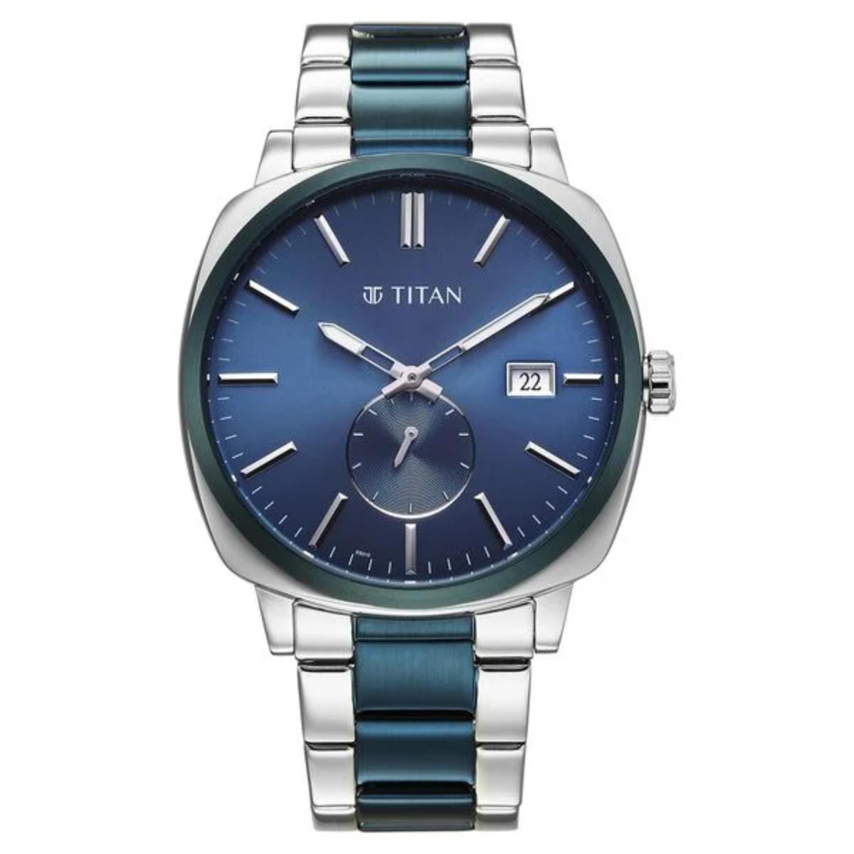 Titan watch with blue and silver design on a white background