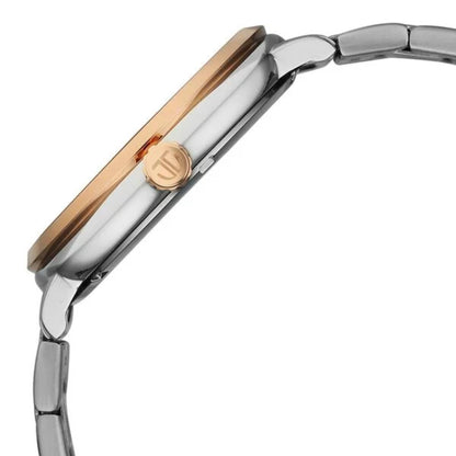 Silver watch with rose gold accents on a white background