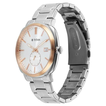 Titan watch with silver and rose gold design on a white background