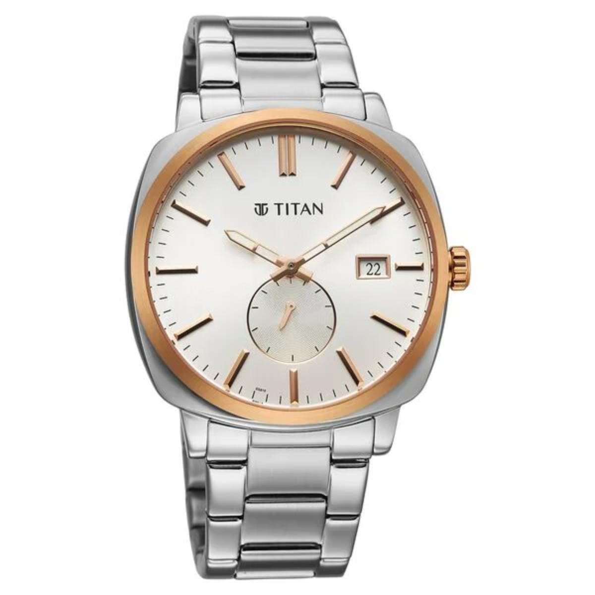 Titan watch with silver and rose gold design on a white background