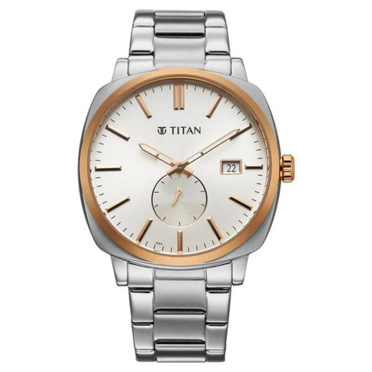 Titan watch with silver and rose gold design on a white background