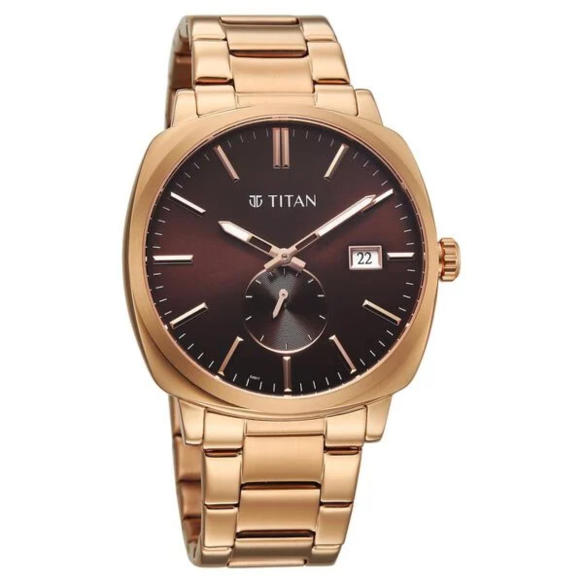 Rose gold Titan watch with a brown dial on a white background