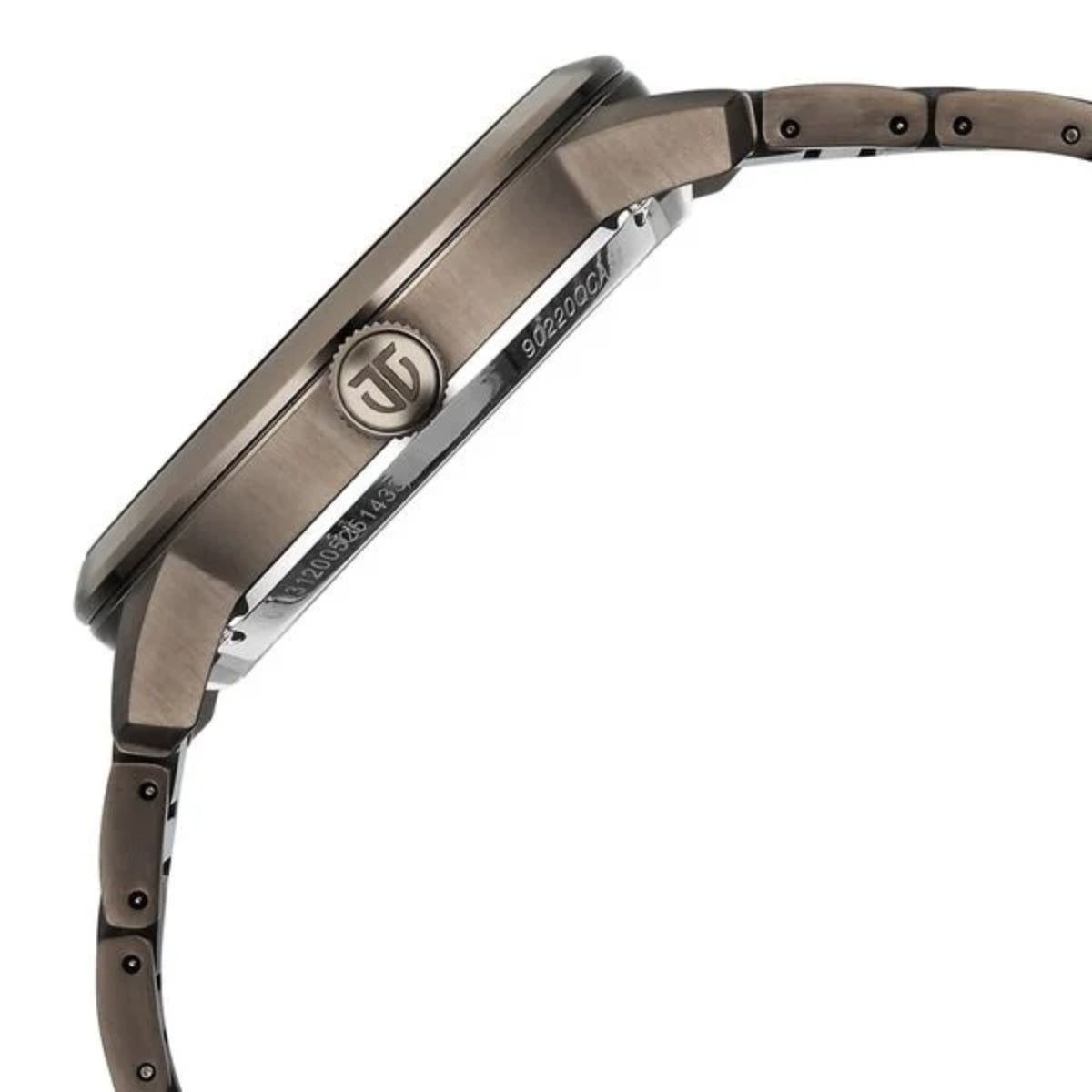 Close-up of a brown watch with a visible brand logo on a white background