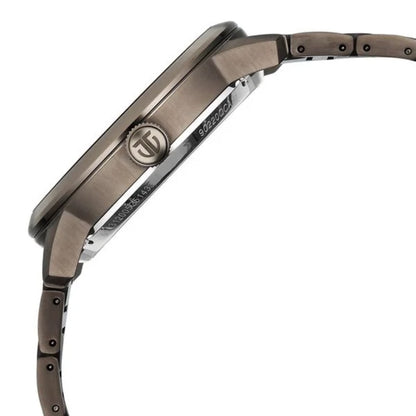 Close-up of a brown watch with a visible brand logo on a white background