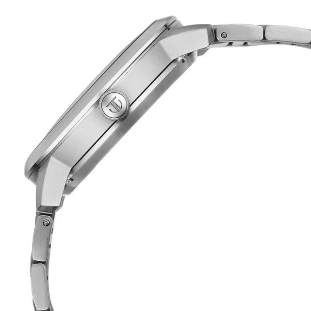 Silver watch with a brand logo on a white background