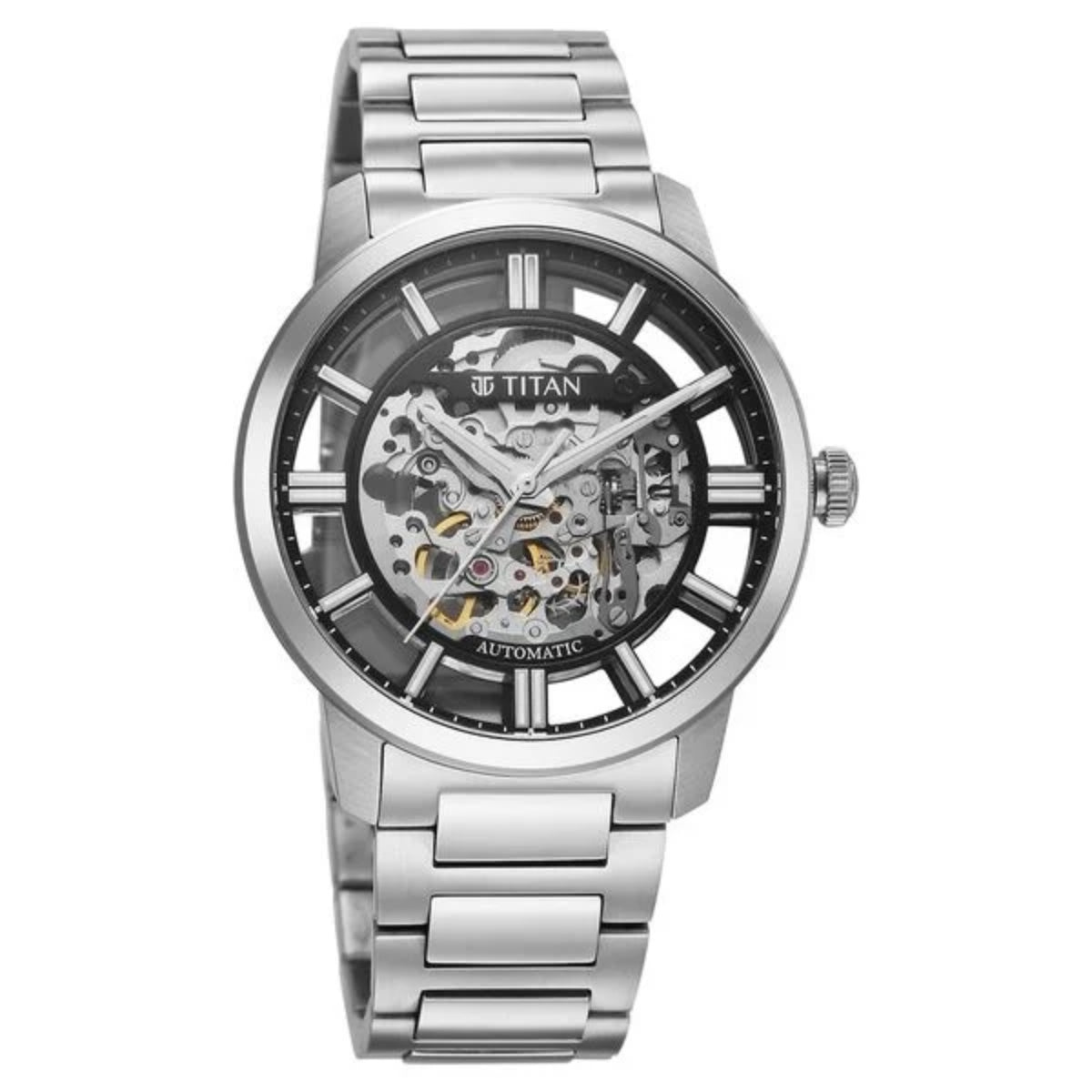 Titan watch with silver metal strap and transparent face on a white background