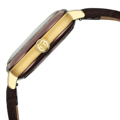 Gold watch with a brown strap on a white background