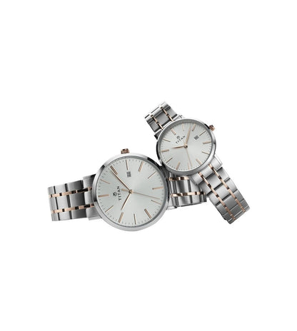 A pair of TITAN analog couple watches with silver straps and silver-white round dials, featuring three hands, stick indices, and a date display window.