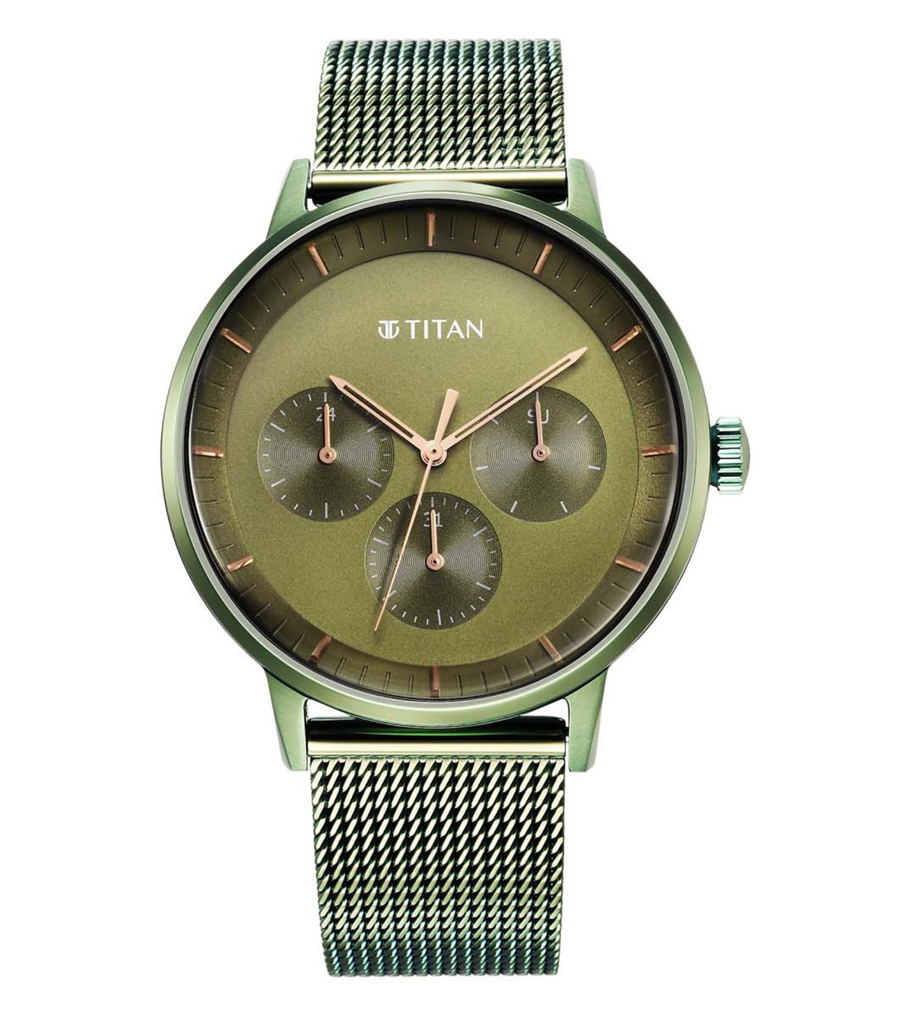 A TITAN Modern Classics analog watch for men with a green dial and mesh band.