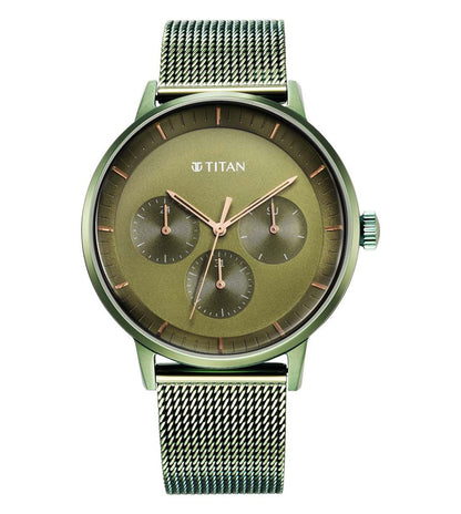 A TITAN Modern Classics analog watch for men with a green dial and mesh band.