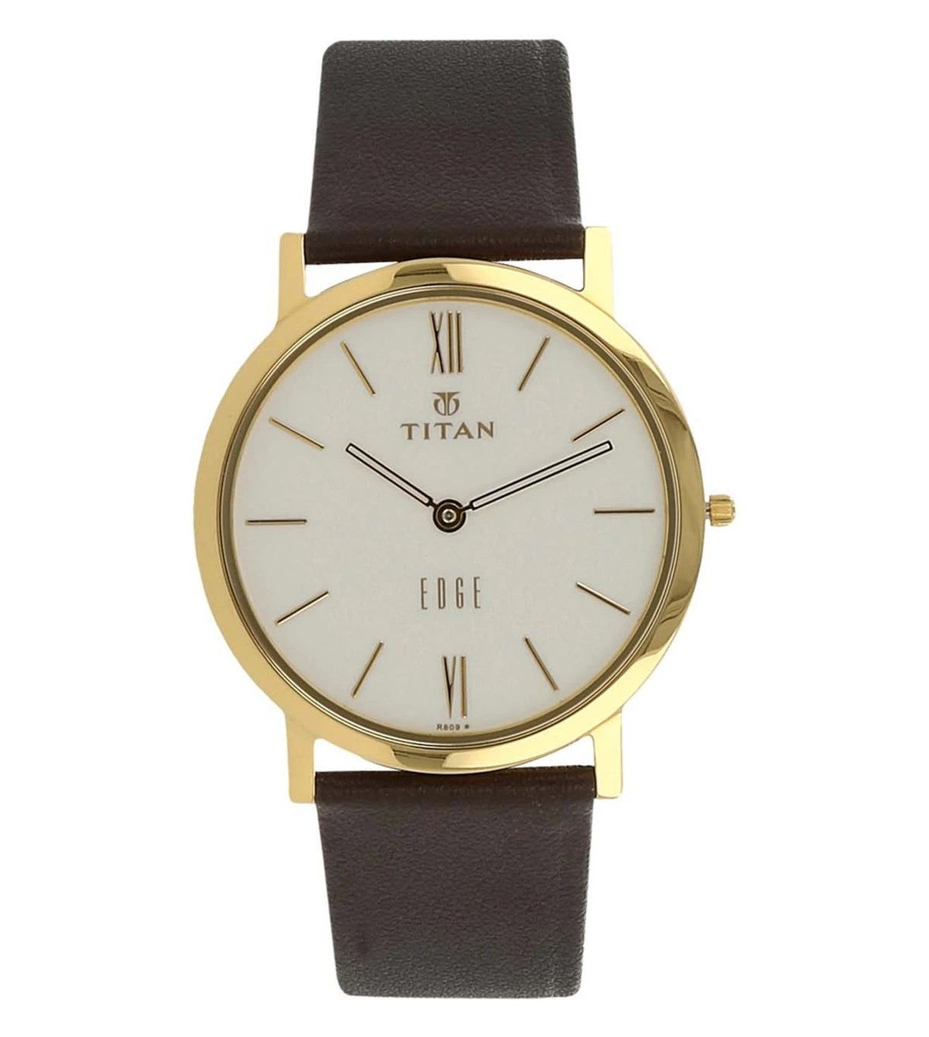 A TITAN Edge analog watch for men with a white dial, gold case, and brown leather strap.