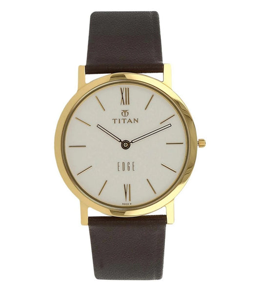 A TITAN Edge analog watch for men with a white dial, gold case, and brown leather strap.