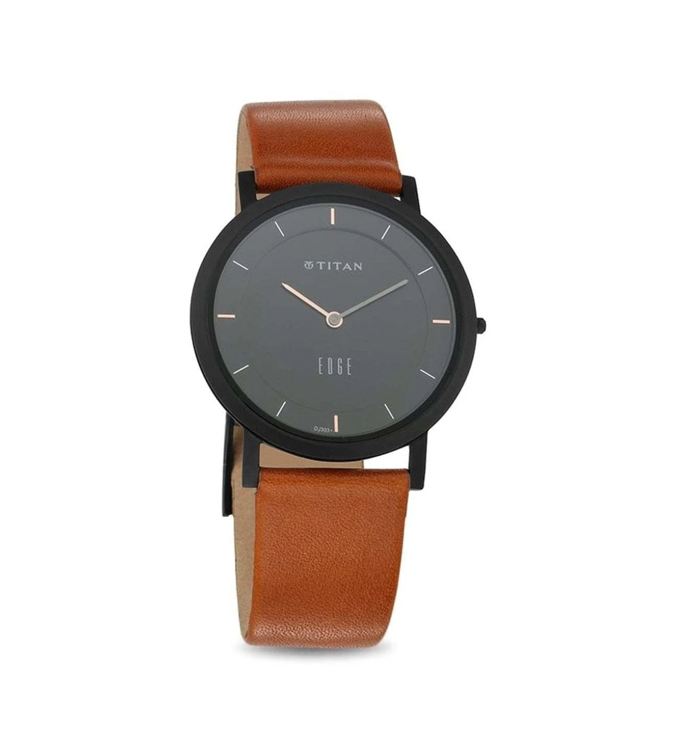 A black analog watch with a tan genuine leather strap and a sapphire crystal glass cover.