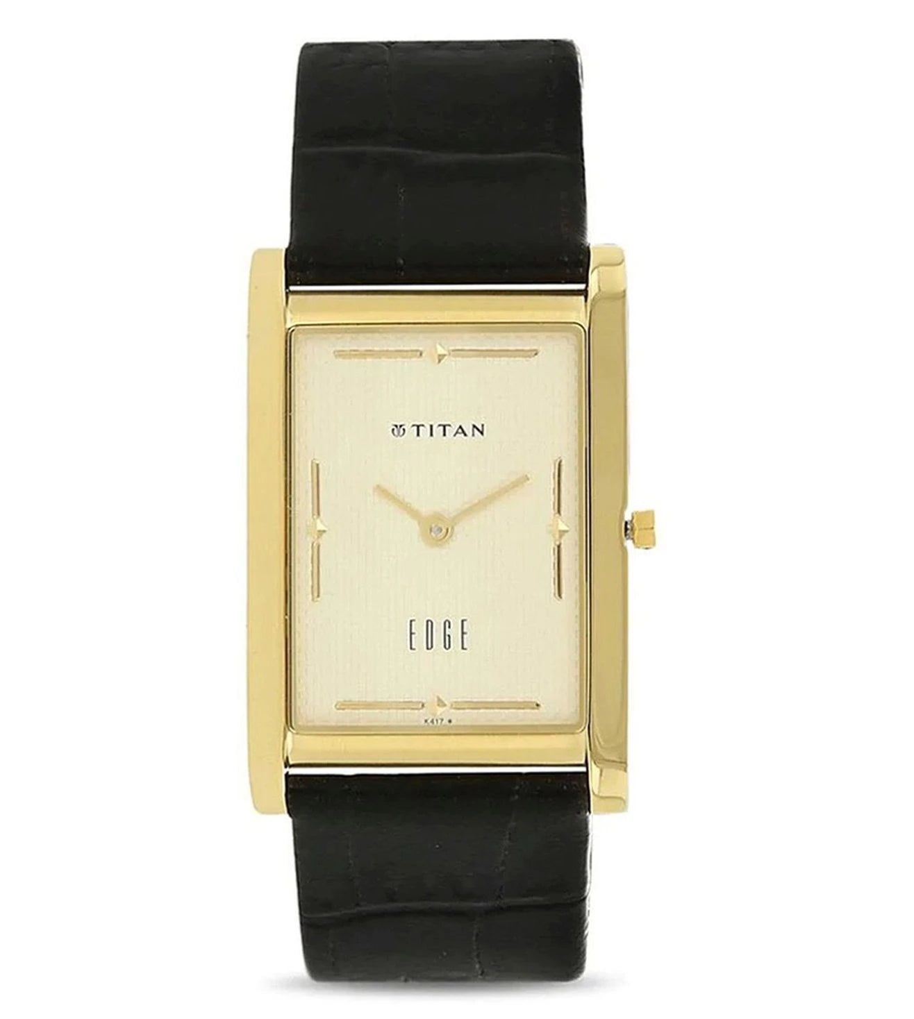 A TITAN Edge champagne dial analog watch for men with a black leather strap and gold casing.