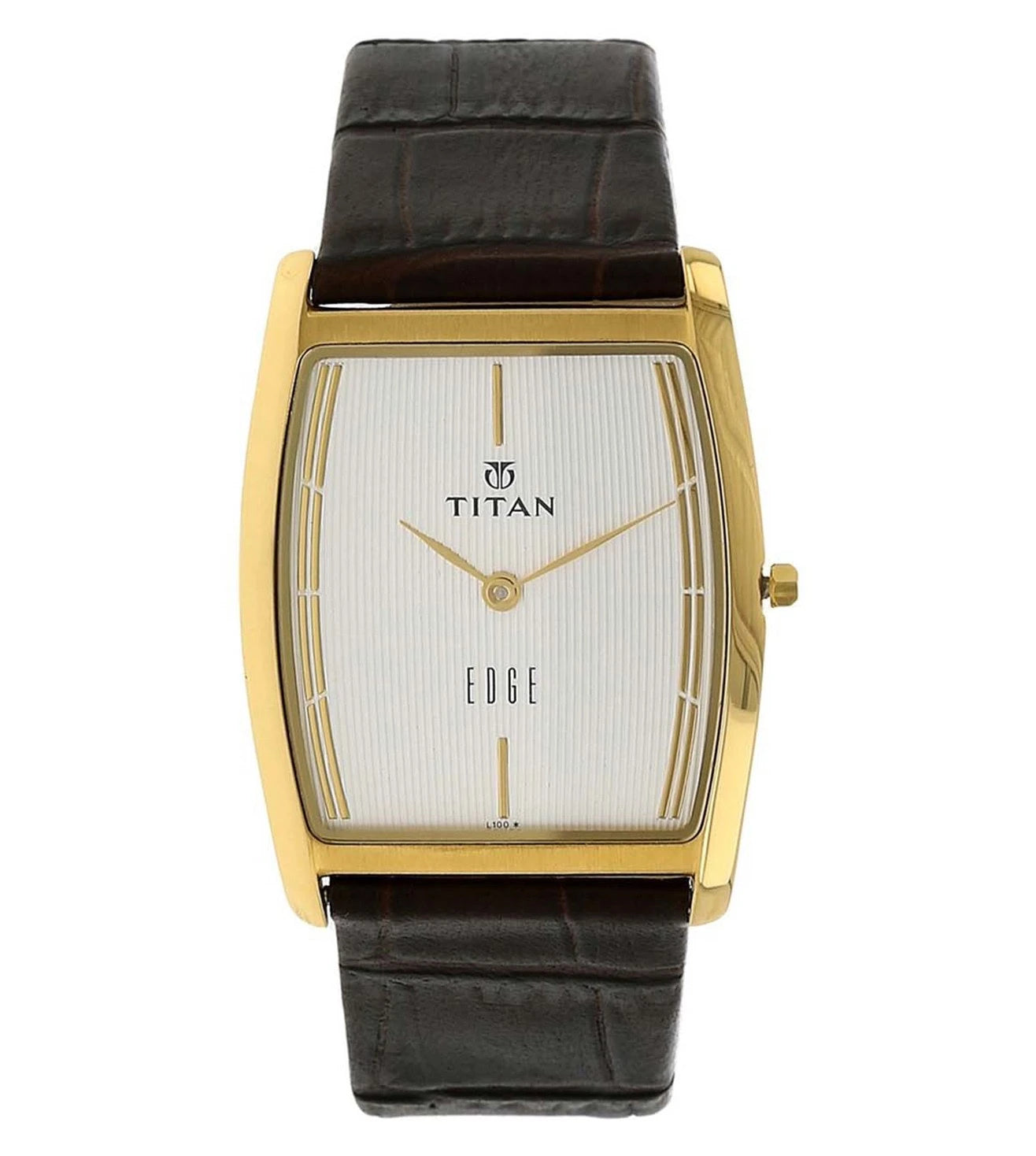 A TITAN Edge analog watch for men with a gold-colored case, white dial, and a brown leather strap.