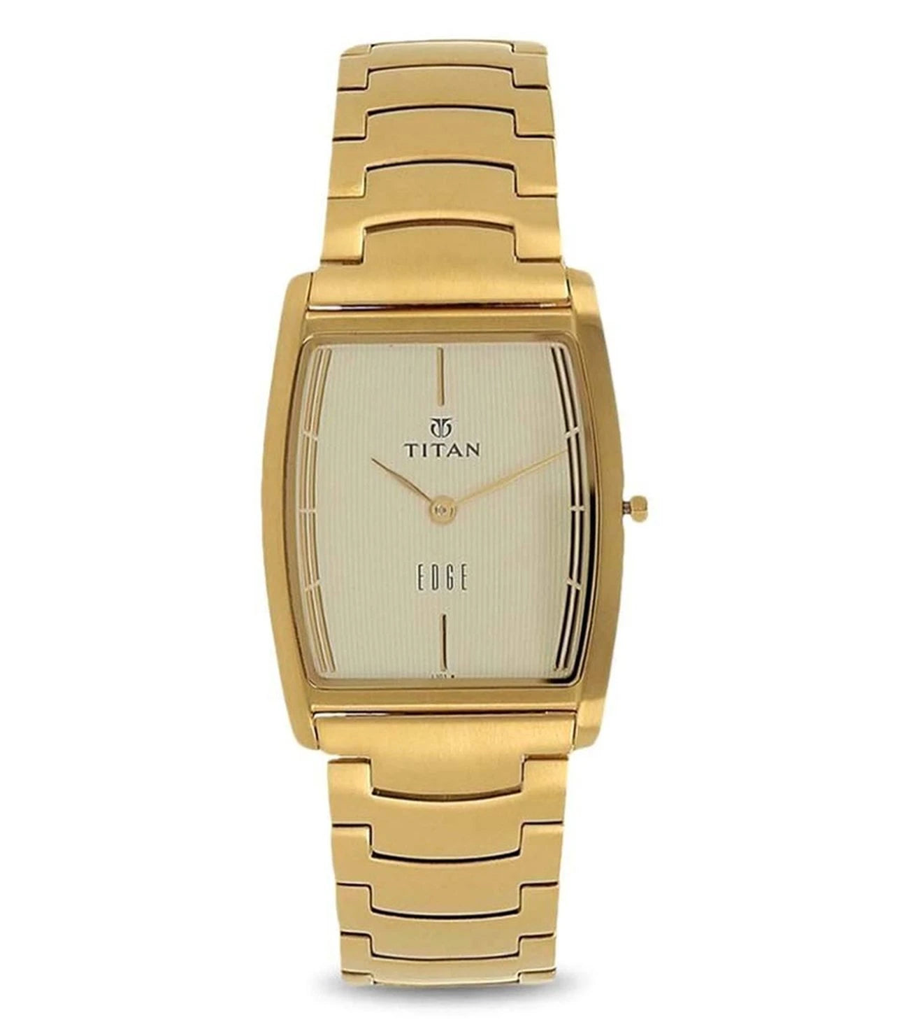 A TITAN Edge analog watch for men with a gold stainless steel strap and a rectangular champagne dial, protected by a sapphire glass.