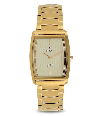 A TITAN Edge analog watch for men with a gold stainless steel strap and a rectangular champagne dial, protected by a sapphire glass.